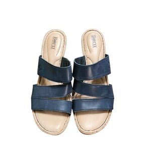Born Cork Wedge Sandals Sz 8 Navy Blue Leather Open Toe